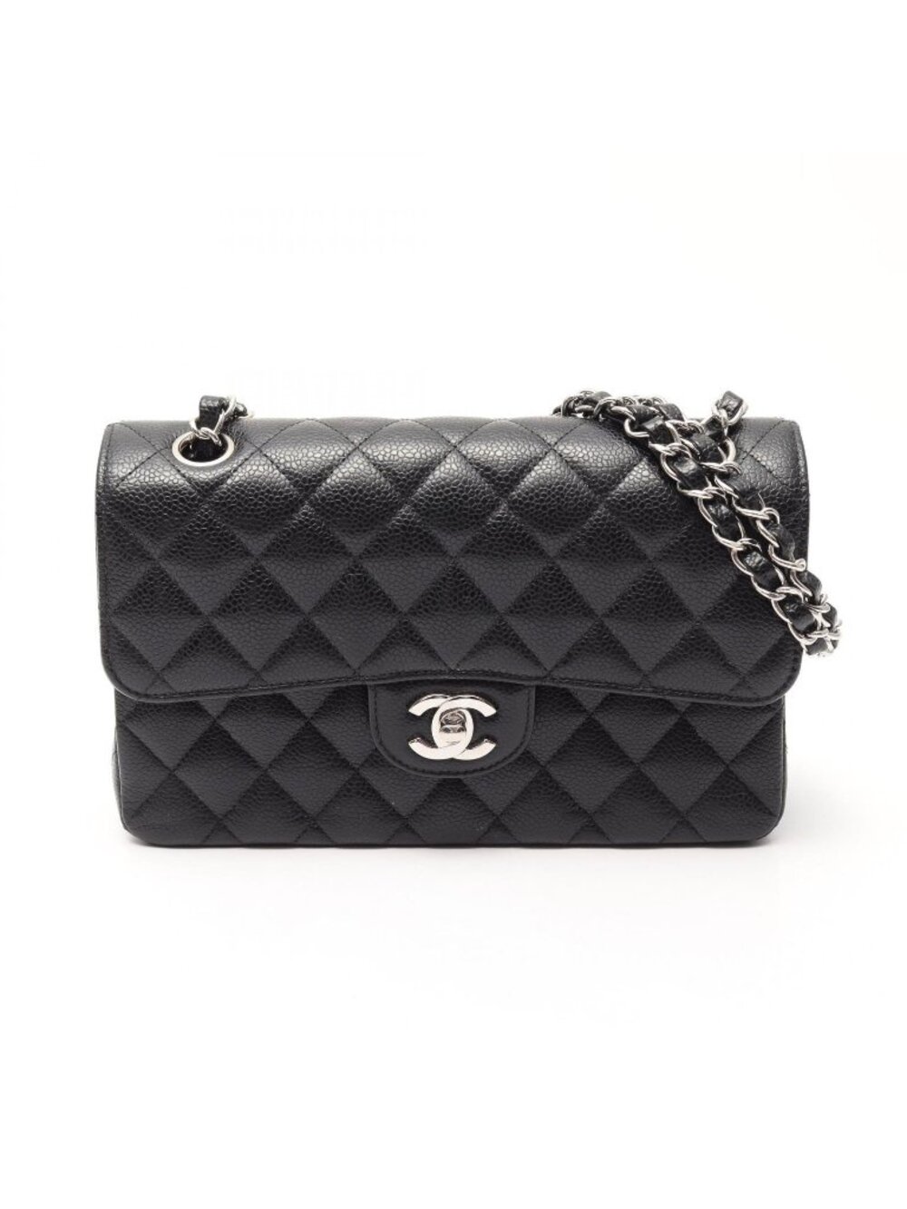 Chanel Shoulder Bag Quilted Double Flap Black Caviar Leather Chain